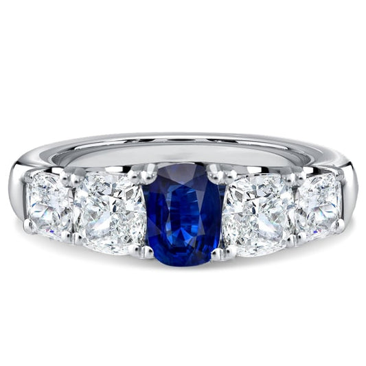 Italo Five Stone Cushion Cut Blue Sapphire Engagement Ring