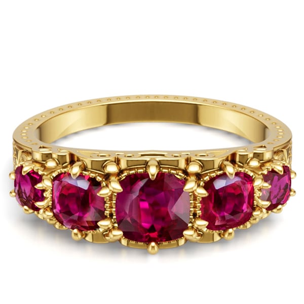 Italo Golden Filigree Antique Cushion Cut Ruby Ring Five Stone Wedding Band Ring