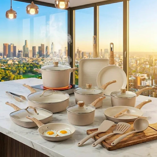 A comprehensive lifestyle collage of the 26-piece Healthy Ceramic Nonstick Cookware Set in cream yellow with wood-look handles. The four scenes feature roasted chicken thighs in a square grill pan, a perfectly fried egg in a non-stick saucepan, a simmering vegetable stew in a large stockpot with fresh root vegetables, and the complete coordinated set arranged on a luxury marble kitchen counter with a sunset city view. High-end, non-toxic, PFOA-free cookware showcase by Nova Daily Shop.