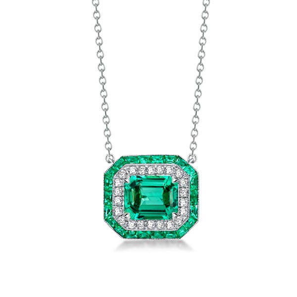 Halo Emerald Cut Created Emerald Sapphire Pendant Necklace