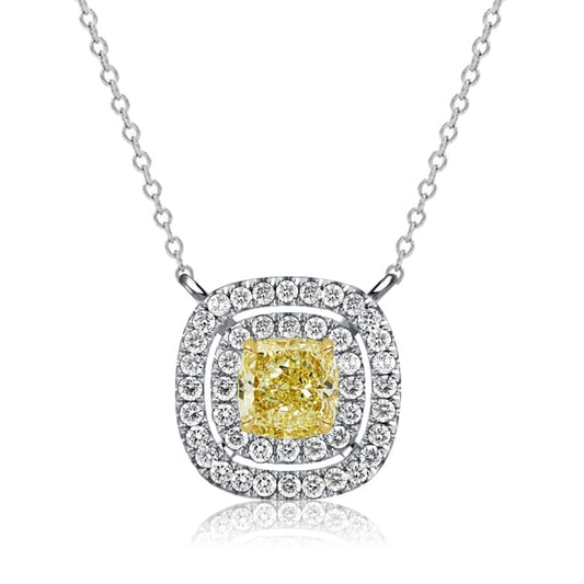 Italo Double Halo Yellow Topaz Cushion Cut Pendant Necklace