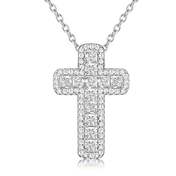 Italo Halo Cushion Cut Cross Necklace In Sterling Silver
