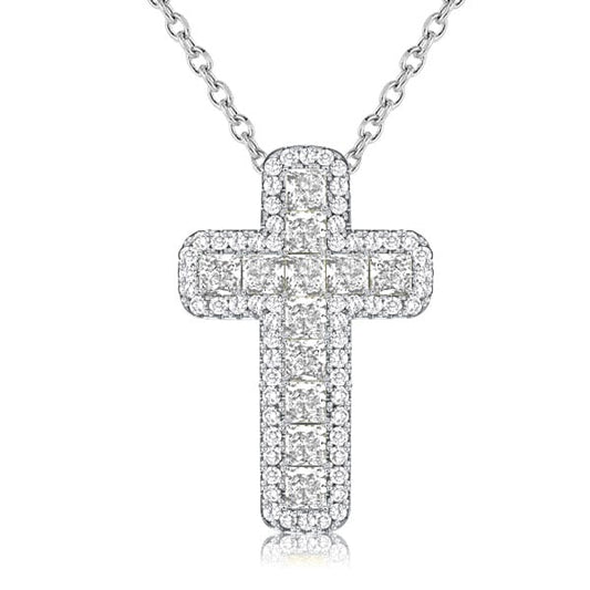 Italo Halo Cushion Cut Cross Necklace In Sterling Silver