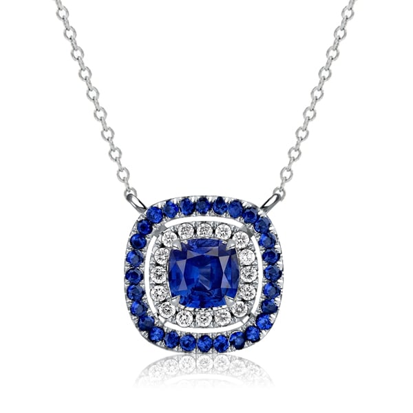 Italo Double Halo Blue Sapphire Cushion Cut Pendant Necklace