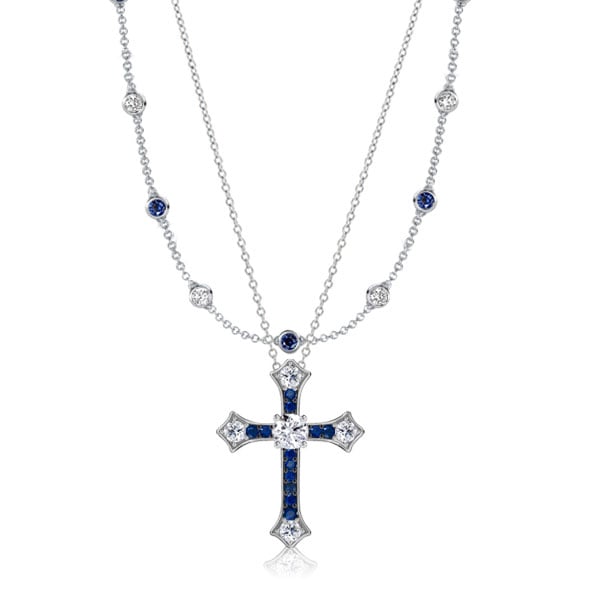 Italo Bezel Set White & Blue Sapphire Cross Layering necklaces For Women