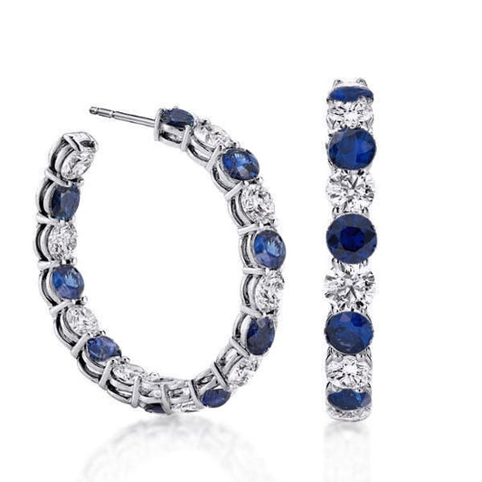 Classic Blue Sapphire Round Cut Hoop Earrings