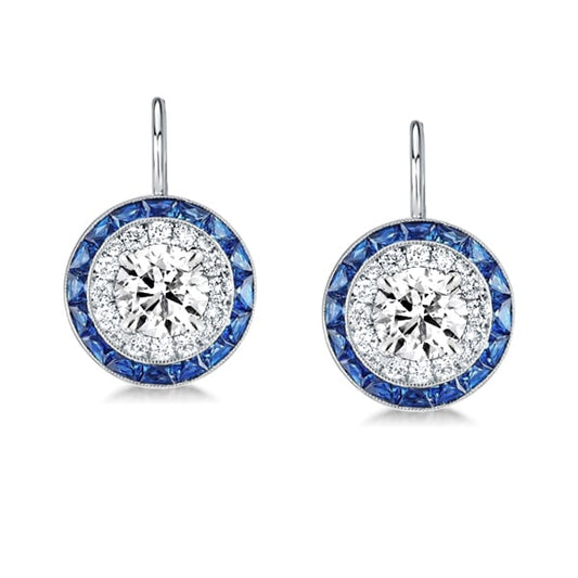 Luxury Halo Created White & Blue Sapphire Drop Earrings