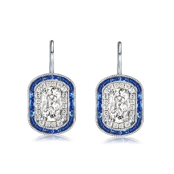 Luxury Blue Double Halo Cushion Drop Earrings
