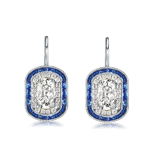 Luxury Blue Double Halo Cushion Drop Earrings