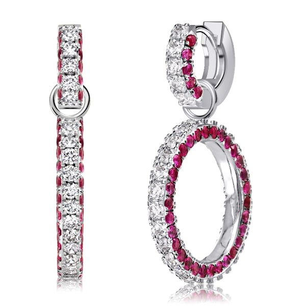 Round Cut White & Ruby Sapphire Drop Earrings For Women