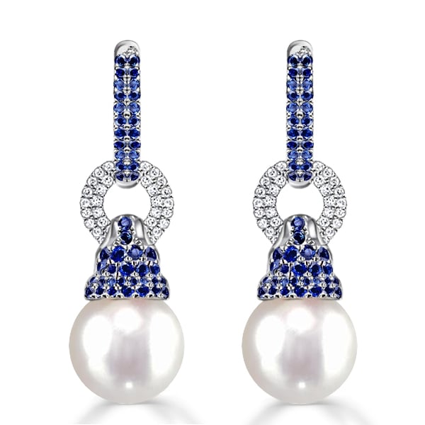 Italo Created Blue Sapphire Pearl Drop Earrings For Women