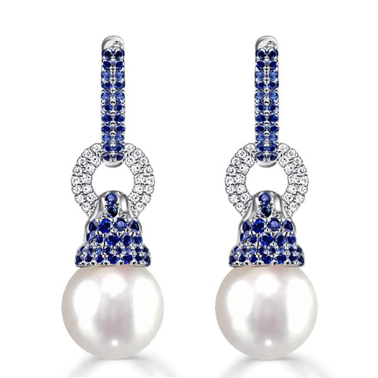 Italo Created Blue Sapphire Pearl Drop Earrings For Women