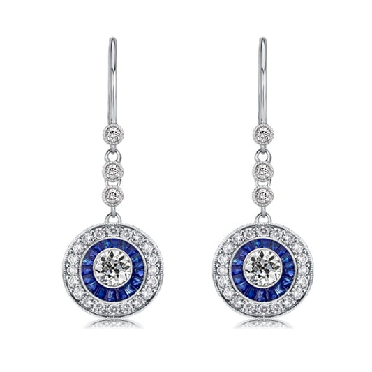 Italo Blue Sapphire Drop Earrings Vintage Halo Drop Earrings