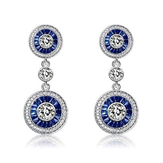 Italo Blue Sapphire Earrings Vintage Halo Drop Earrings