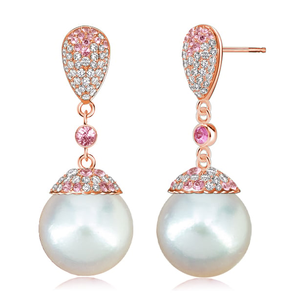 Italo Rose Gold Pink Sapphire Pearl Drop Earrings For Women