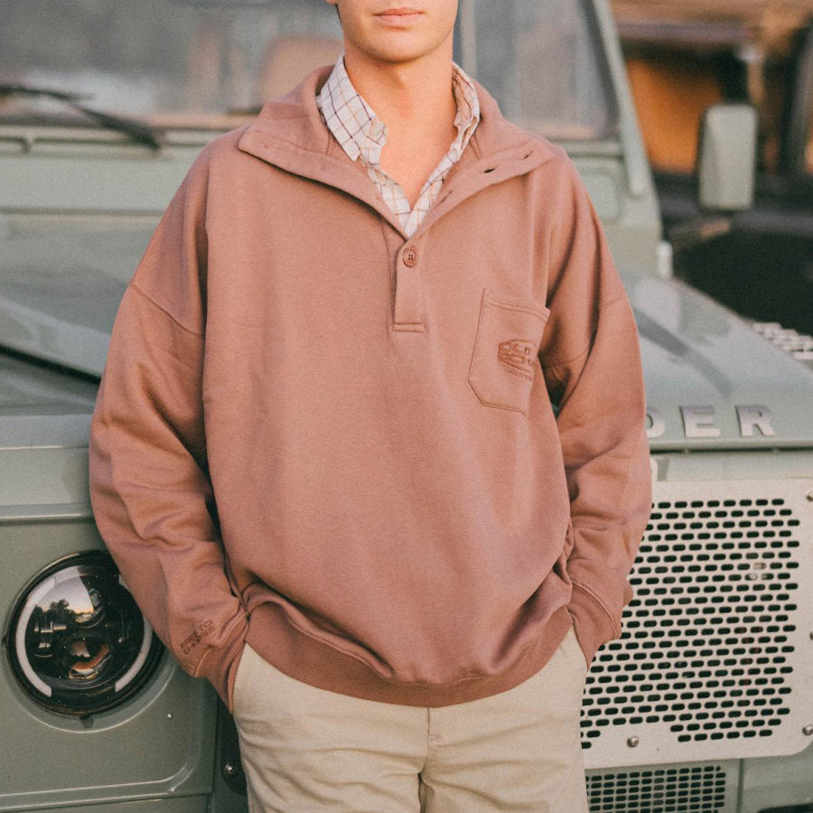 Men's Long Sleeve Monogrammed Embroidered Button Down Collar Sweatshirt