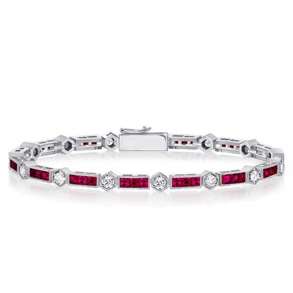 Alternating Round White & Triple Ruby Tennis Bracelet For Women
