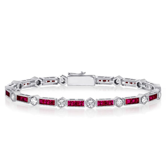 Alternating Round White & Triple Ruby Tennis Bracelet For Women