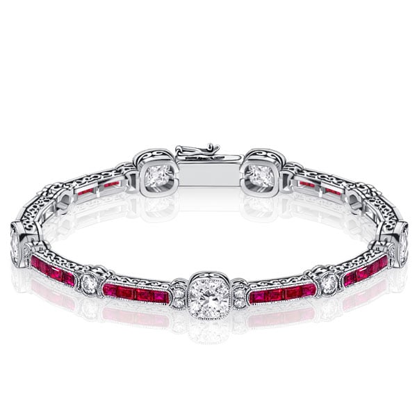 Italo Milgrain Ruby & White Cushion Tennis Bracelet For Women With Filigree