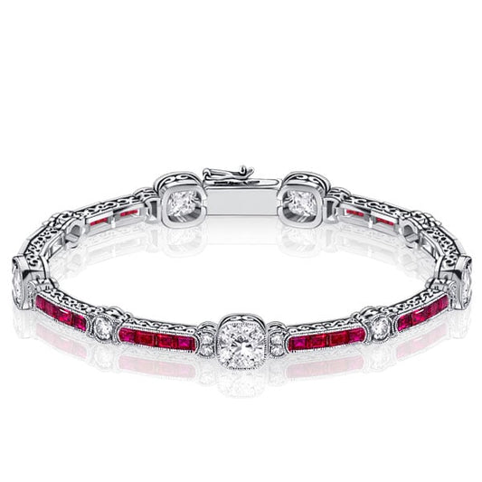 Italo Milgrain Ruby & White Cushion Tennis Bracelet For Women With Filigree