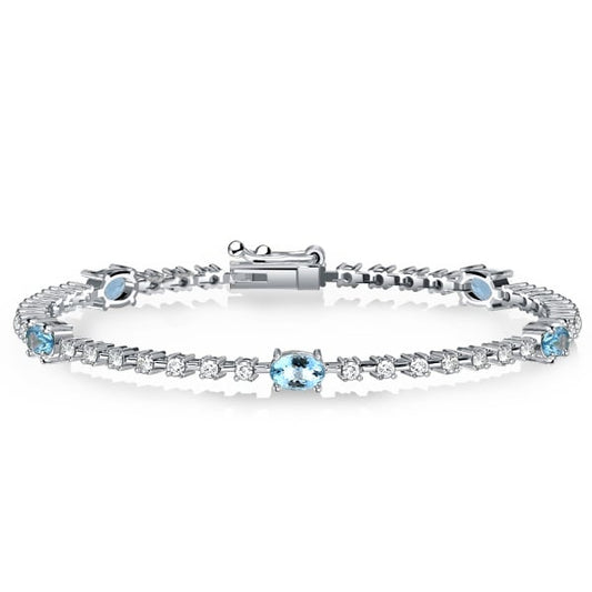 Italo Aquamarine & White Oval Cut Tennis Bracelet For Women