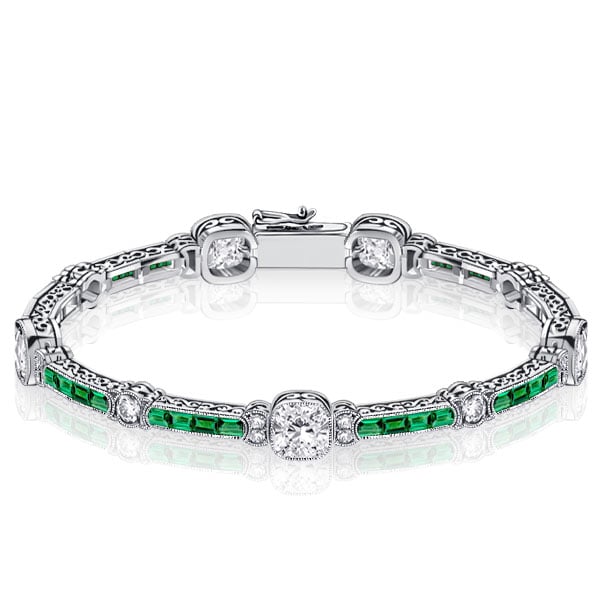 Milgrain White & Emerald Tennis Bracelet In Sterling Silver With Filigree