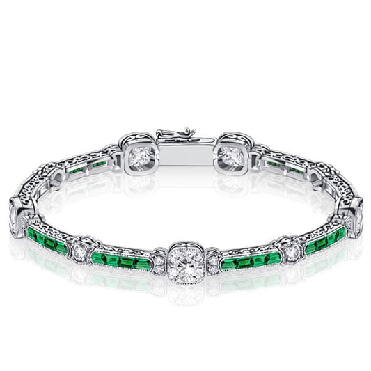 Milgrain White & Emerald Tennis Bracelet In Sterling Silver With Filigree