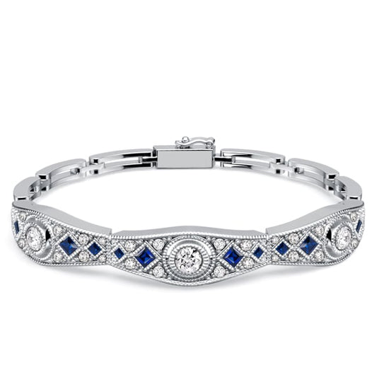 Italo Art Deco Blue & White Sapphire Tennis Bracelet For Women