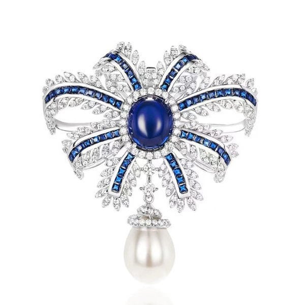 Italo Bow Design Oval Cut Blue Sapphire Vintage Brooch For Women