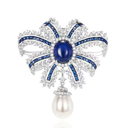 Italo Bow Design Oval Cut Blue Sapphire Vintage Brooch For Women