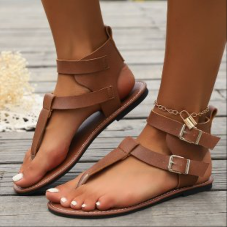 Vintage Color Block Breathable Adjustable Buckle Flat Heel Thong Sandals Metal