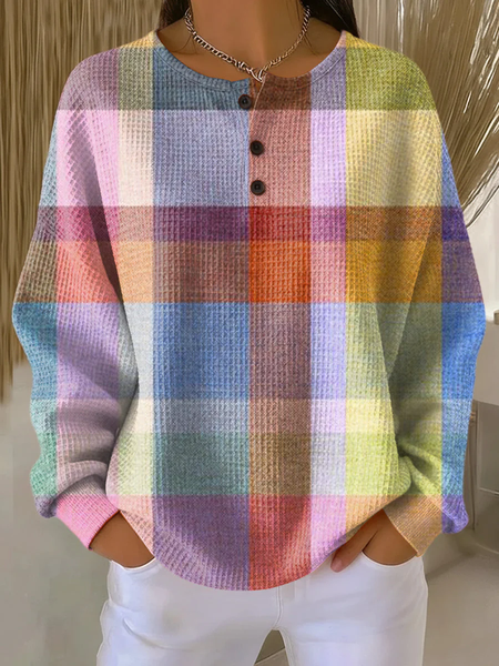 Casual Crew Neck Plaid Sweatshirt Printing