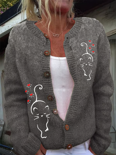 Women Knitted Cat Long Sleeve Comfy Casual Cardigan