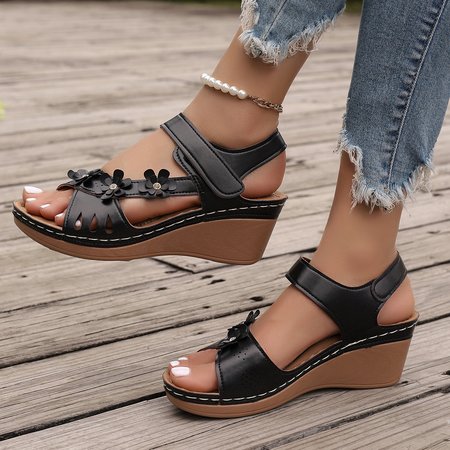 Vintage Floral Hook And Loop Low Heel Slide Sandals