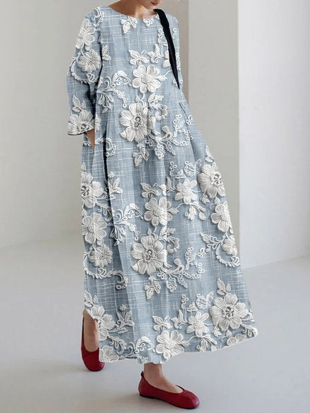 Women 3D Floral Printing Crew Neck Half Sleeve Comfy Vintage Maxi Dress