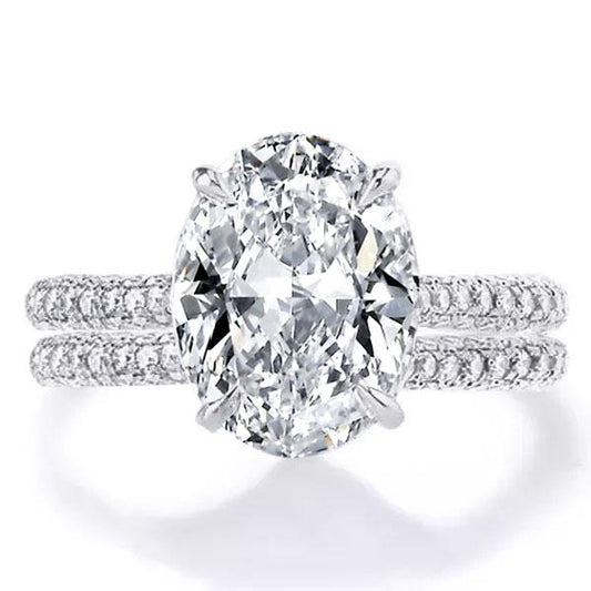 Italo Micro Pave Oval Cut Engagement Ring Set Silver Bridal Set