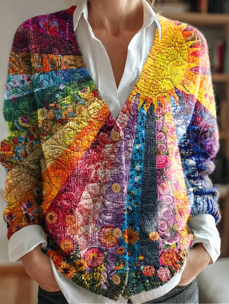 Women Geometric Long Sleeve Comfy Vintage Cardigan