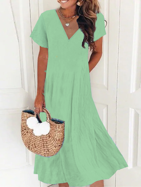 New Women Chic Vintage Boho Hippie Short Sleeve V Neck Plain Casual Dress