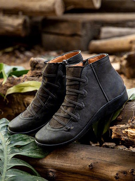 Women Lether Fall Flat Heel PU Boots