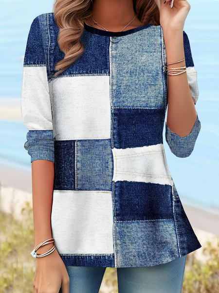Casual Faux Denim Print Graphic Crew Neck Long Sleeve T-shirt