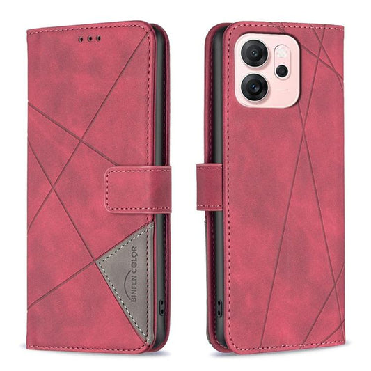 For OPPO Reno14 F 5G Magnetic Buckle Rhombus Texture Leather Phone Case(Red)