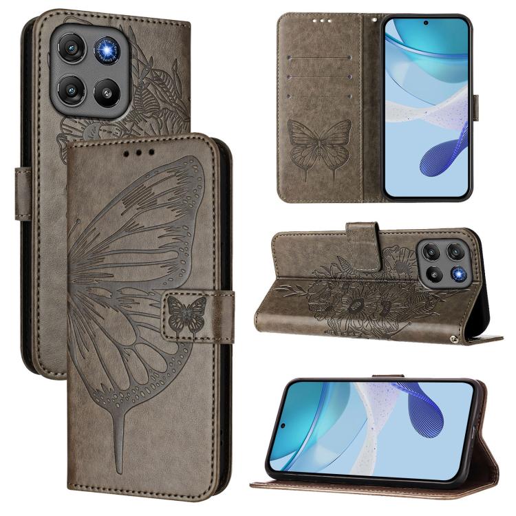 For Motorola Moto G67 Power 5G Global Embossed Butterfly Leather Phone Case(Grey)