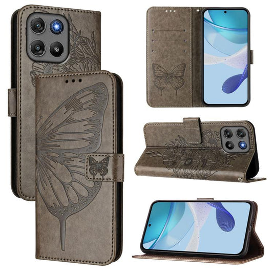 For Motorola Moto G67 Power 5G Global Embossed Butterfly Leather Phone Case(Grey)