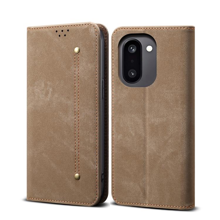 For OnePlus 15R Denim Texture Casual Style Horizontal Flip Leather Case(Khaki)