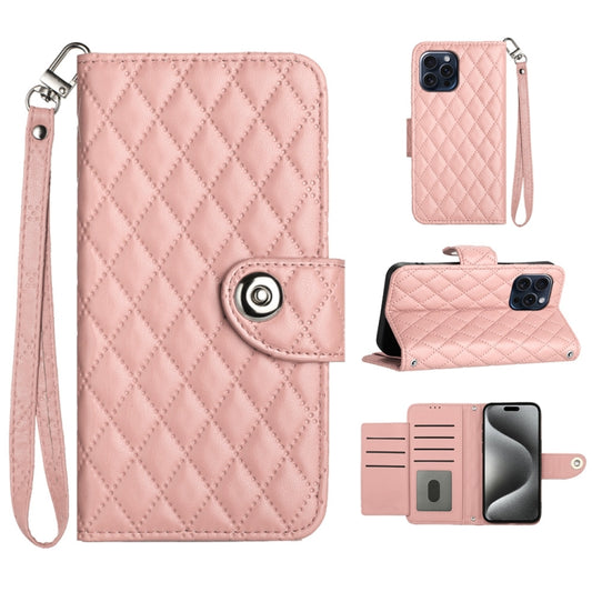 For iPhone 15 Pro Rhombic Texture Flip Leather Phone Case with Lanyard(Coral Pink)