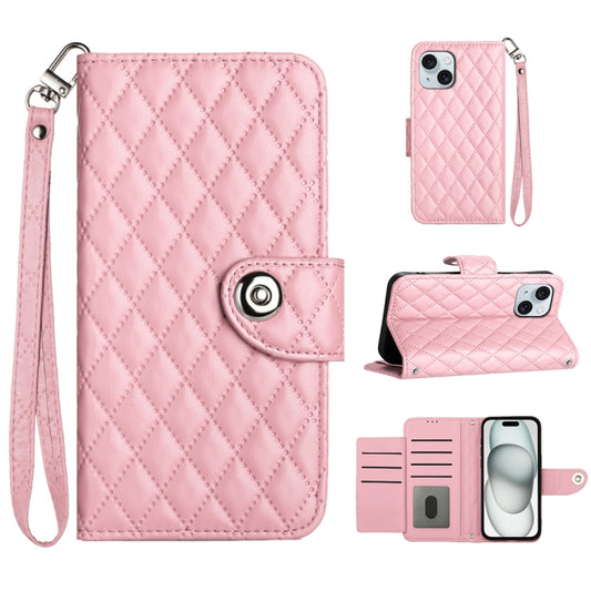 For iPhone 14 Plus Rhombic Texture Flip Leather Phone Case with Lanyard(Pink)