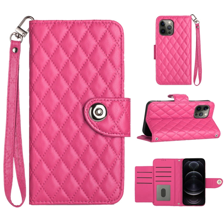 For iPhone 12 Pro Max Rhombic Texture Flip Leather Phone Case with Lanyard(Rose Red)
