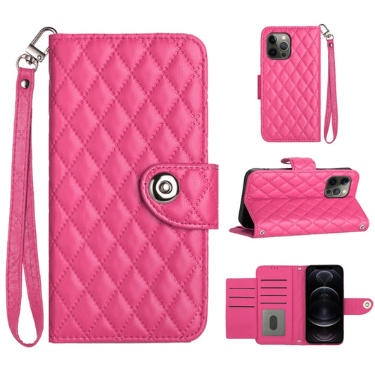 For iPhone 12 Pro Max Rhombic Texture Flip Leather Phone Case with Lanyard(Rose Red)