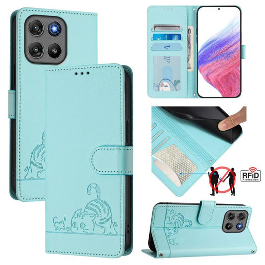 For Motorola Moto G67 Power 5G Global Cat Rat Embossed Pattern RFID Leather Phone Case with Lanyard(Mint Green)