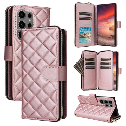 For Samsung Galaxy S25 Ultra 5G Crossbody Rhombic Zipper Tower Buckle Leather Phone Case with Lanyard(Rose Gold)